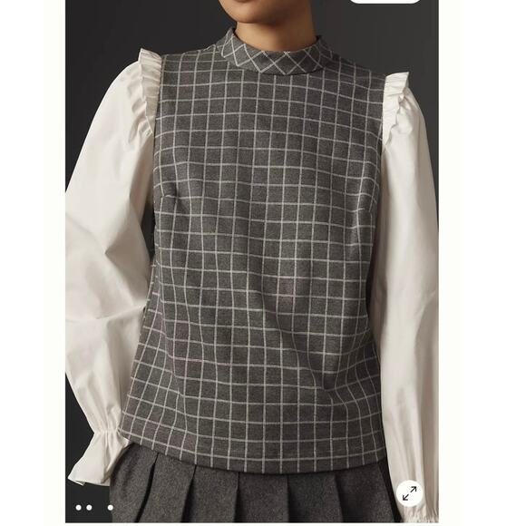 Anthro / Sunday in Brooklyn Twofer Grey Grid Poplin Ruffled Accent Shirt - M - Picture 1 of 8
